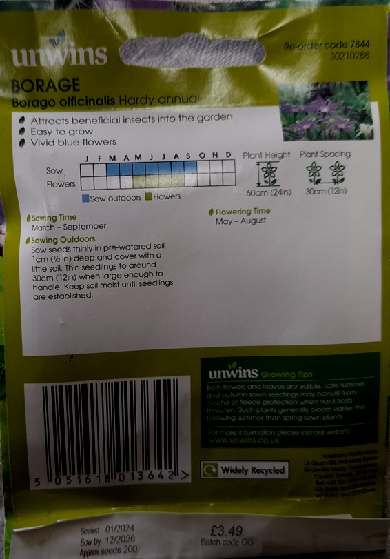 borage unwins seed packet back
